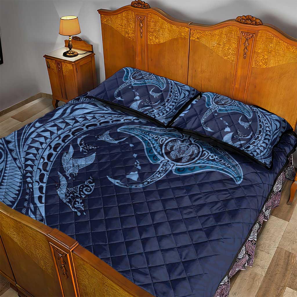 Hawaiian Manta Ray and Polynesian Tribal Tattoo Quilt Bed Set Dark Navy Color LT03