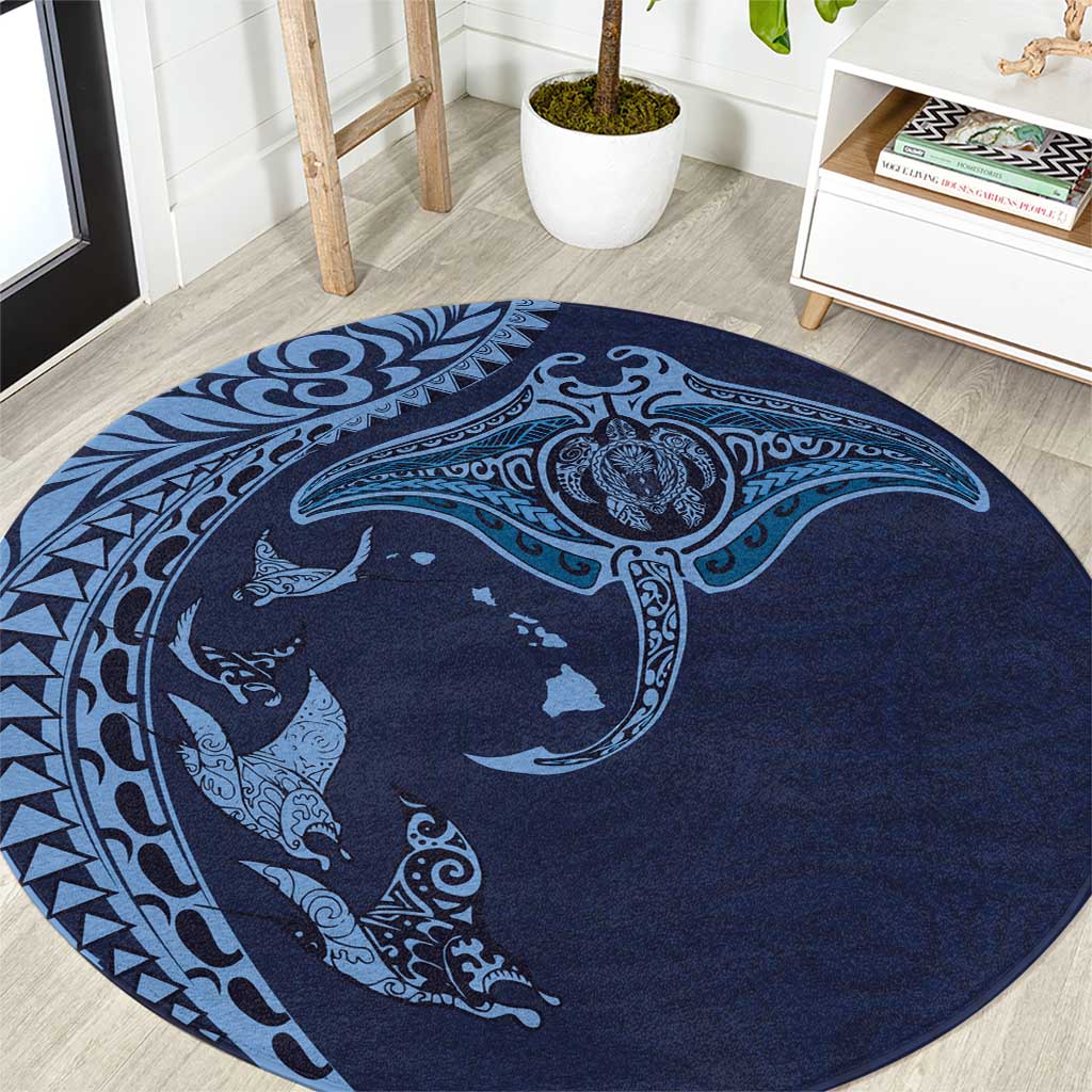Hawaiian Manta Ray and Polynesian Tribal Tattoo Round Carpet Dark Navy Color LT03 Dark Navy - Polynesian Pride