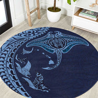 Hawaiian Manta Ray and Polynesian Tribal Tattoo Round Carpet Dark Navy Color LT03 Dark Navy - Polynesian Pride