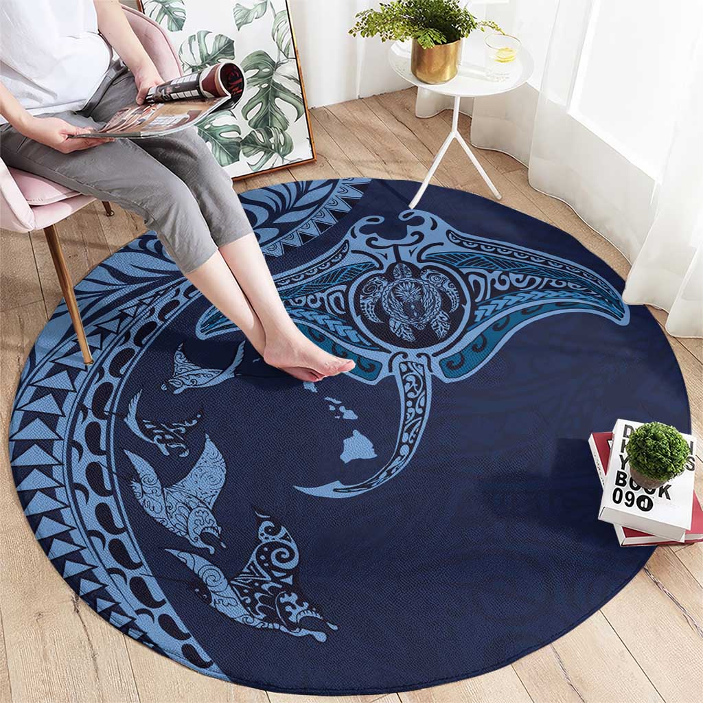 Hawaiian Manta Ray and Polynesian Tribal Tattoo Round Carpet Dark Navy Color LT03 - Polynesian Pride