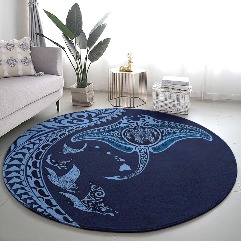 Hawaiian Manta Ray and Polynesian Tribal Tattoo Round Carpet Dark Navy Color LT03 - Polynesian Pride