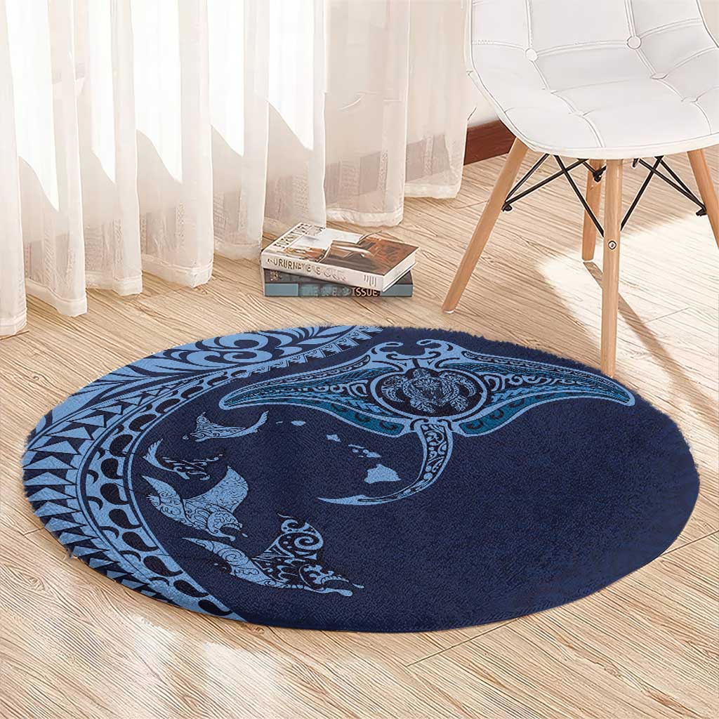 Hawaiian Manta Ray and Polynesian Tribal Tattoo Round Carpet Dark Navy Color LT03 - Polynesian Pride