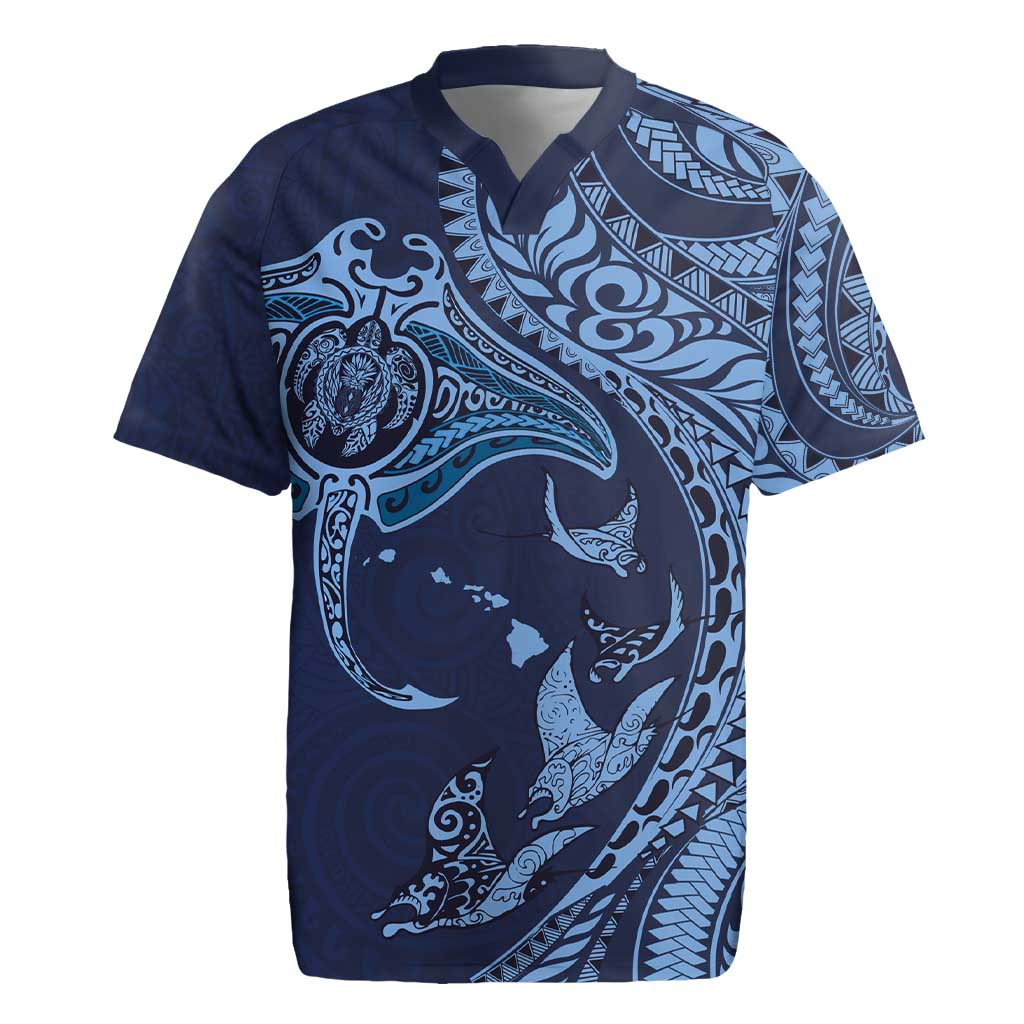 Hawaiian Manta Ray and Polynesian Tribal Tattoo Rugby Jersey Dark Navy Color LT03