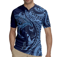 Hawaiian Manta Ray and Polynesian Tribal Tattoo Rugby Jersey Dark Navy Color LT03