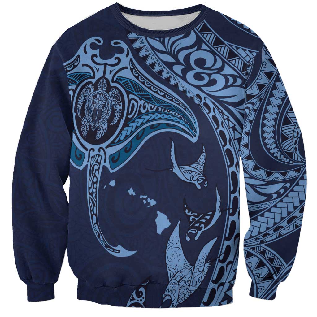 Hawaiian Manta Ray and Polynesian Tribal Tattoo Sweatshirt Dark Navy Color LT03
