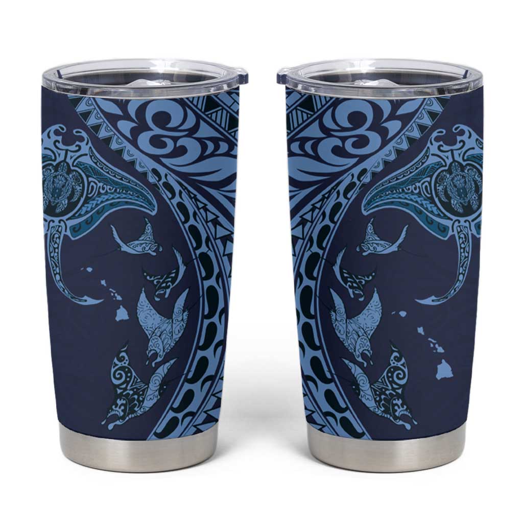 Hawaiian Manta Ray and Polynesian Tribal Tattoo Tumbler Cup Dark Navy Color