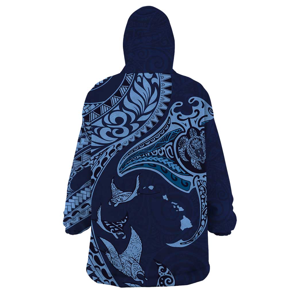 Hawaiian Manta Ray and Polynesian Tribal Tattoo Wearable Blanket Hoodie Dark Navy Color LT03
