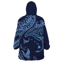 Hawaiian Manta Ray and Polynesian Tribal Tattoo Wearable Blanket Hoodie Dark Navy Color LT03