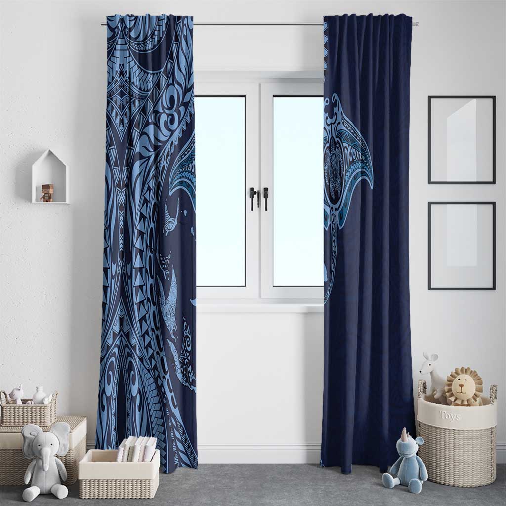 Hawaiian Manta Ray and Polynesian Tribal Tattoo Window Curtain Dark Navy Color LT03