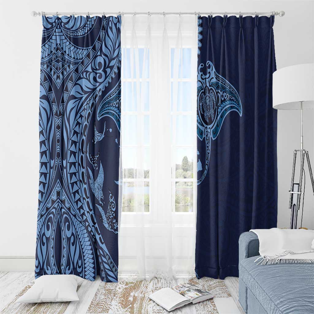 Hawaiian Manta Ray and Polynesian Tribal Tattoo Window Curtain Dark Navy Color LT03