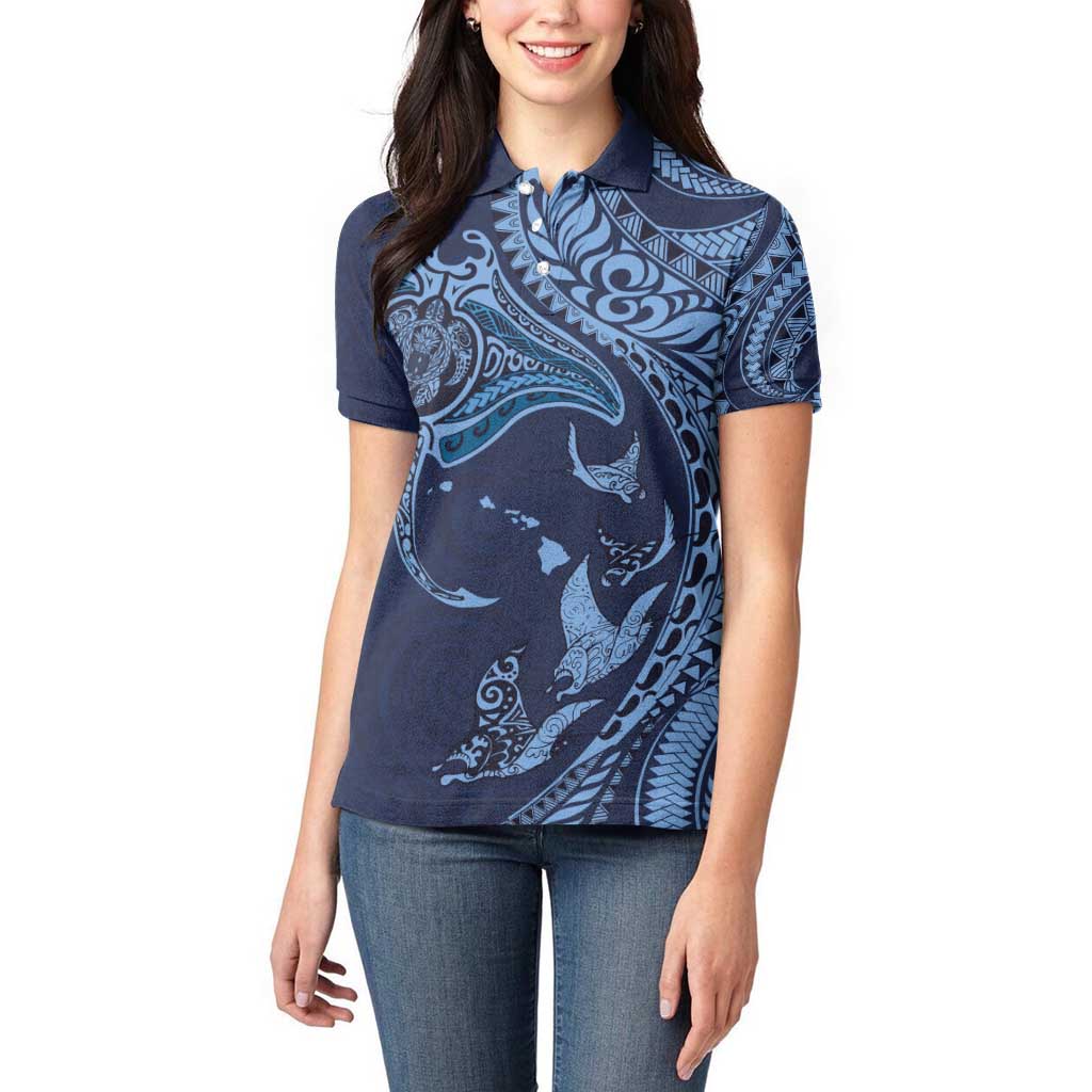 Hawaiian Manta Ray and Polynesian Tribal Tattoo Women Polo Shirt Dark Navy Color LT03