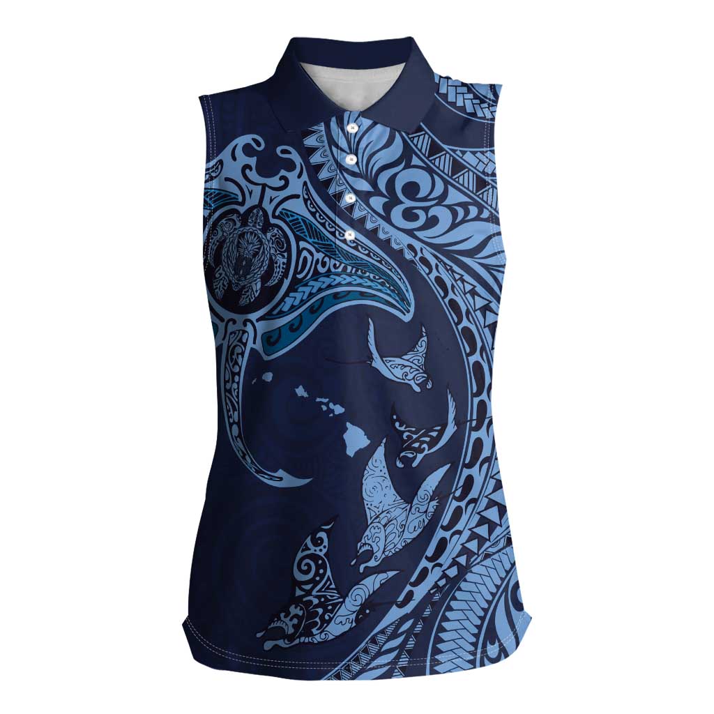 Hawaiian Manta Ray and Polynesian Tribal Tattoo Women Sleeveless Polo Shirt Dark Navy Color LT03