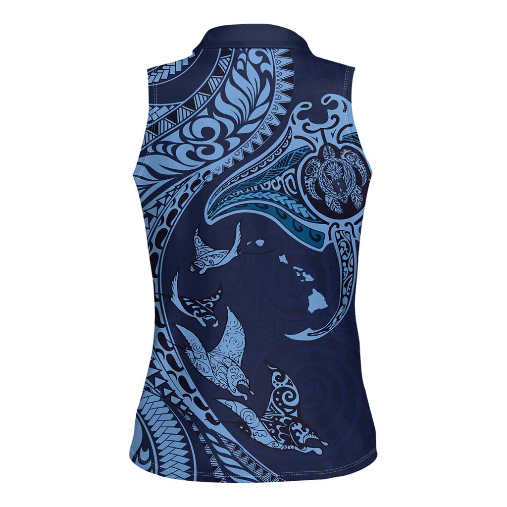 Hawaiian Manta Ray and Polynesian Tribal Tattoo Women Sleeveless Polo Shirt Dark Navy Color LT03