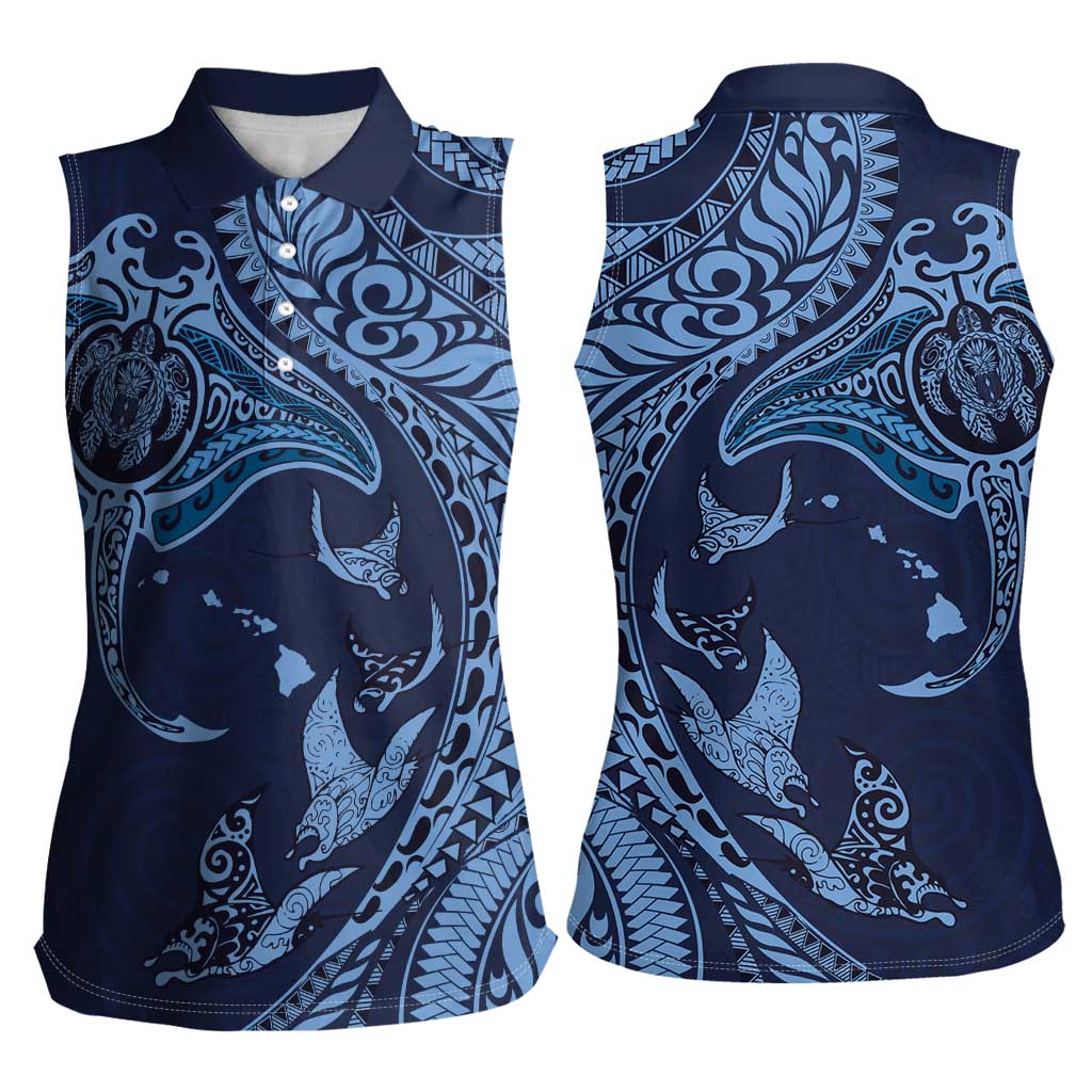 Hawaiian Manta Ray and Polynesian Tribal Tattoo Women Sleeveless Polo Shirt Dark Navy Color LT03