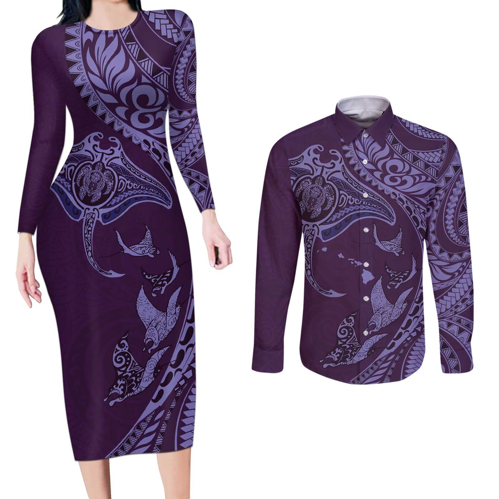 Hawaiian Manta Ray and Polynesian Tribal Tattoo Couples Matching Long Sleeve Bodycon Dress and Long Sleeve Button Shirt Purple Color LT03 Purple - Polynesian Pride