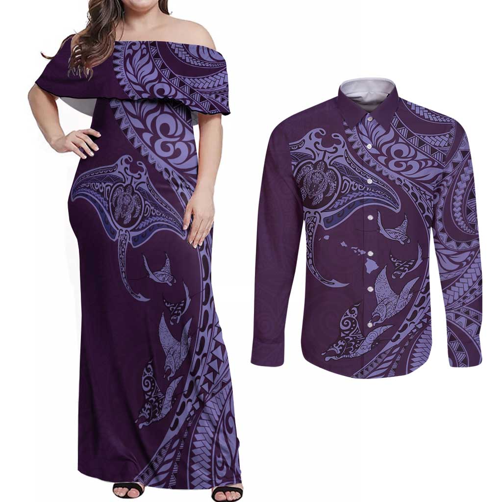Hawaiian Manta Ray and Polynesian Tribal Tattoo Couples Matching Off Shoulder Maxi Dress and Long Sleeve Button Shirt Purple Color LT03 Purple - Polynesian Pride