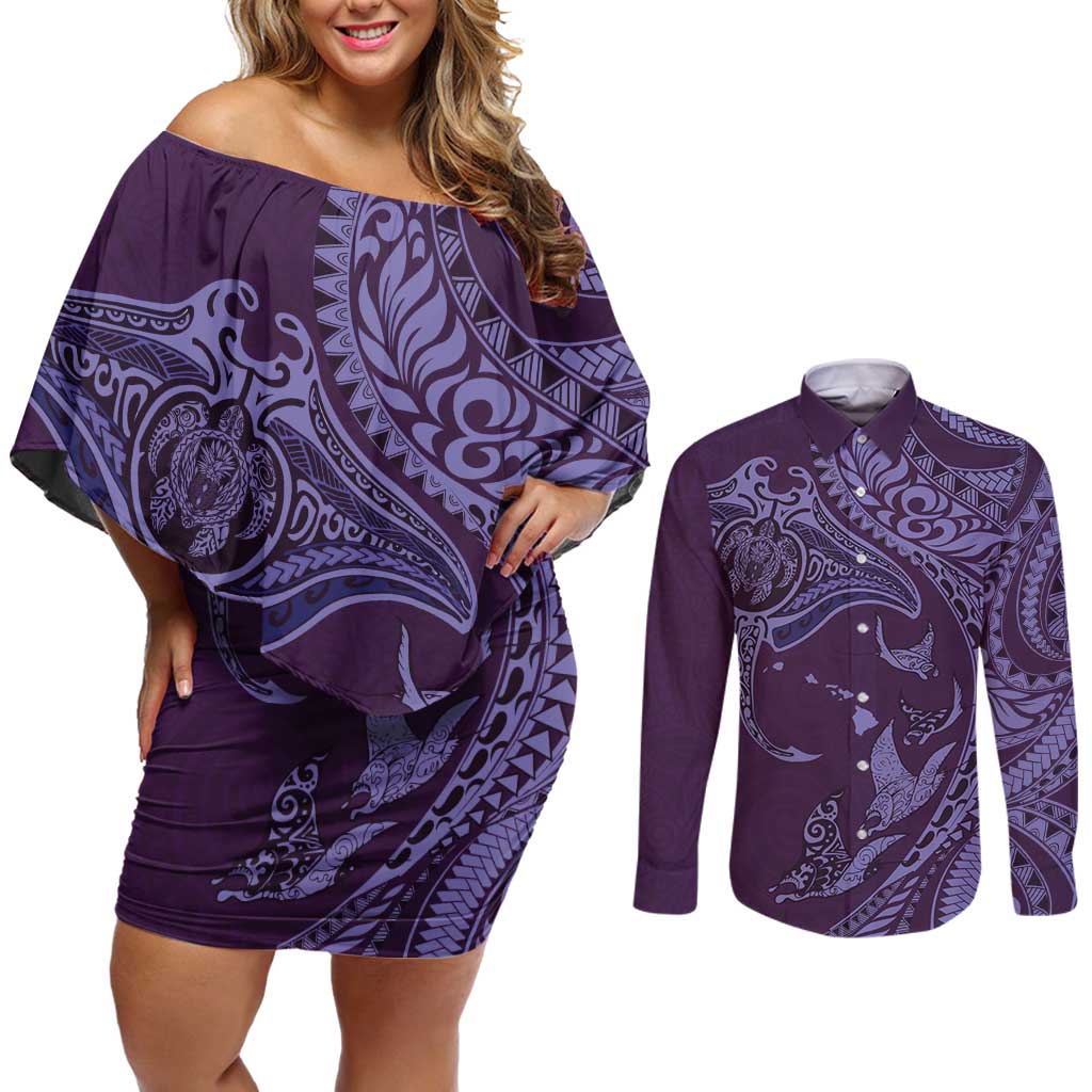 Hawaiian Manta Ray and Polynesian Tribal Tattoo Couples Matching Off Shoulder Short Dress and Long Sleeve Button Shirt Purple Color LT03 Purple - Polynesian Pride