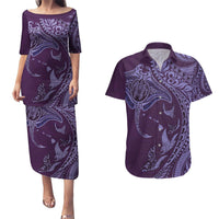 Hawaiian Manta Ray and Polynesian Tribal Tattoo Couples Matching Puletasi and Hawaiian Shirt Purple Color LT03