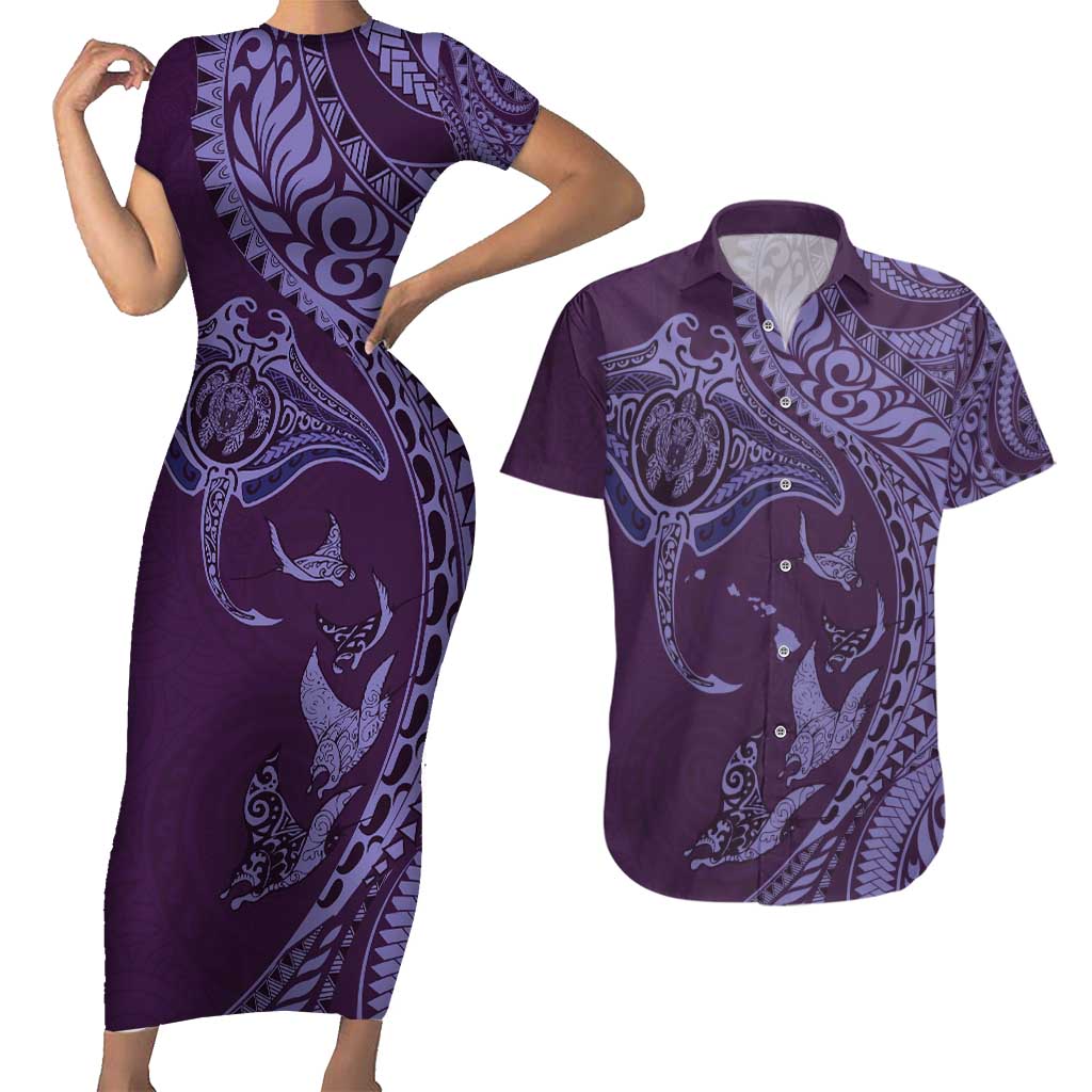 Hawaiian Manta Ray and Polynesian Tribal Tattoo Couples Matching Short Sleeve Bodycon Dress and Hawaiian Shirt Purple Color LT03
