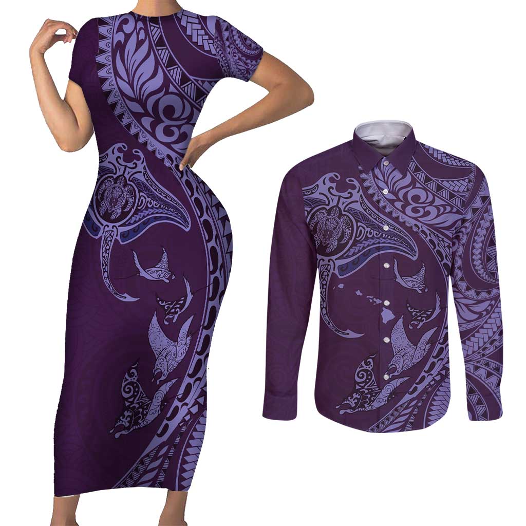 Hawaiian Manta Ray and Polynesian Tribal Tattoo Couples Matching Short Sleeve Bodycon Dress and Long Sleeve Button Shirt Purple Color LT03 Purple - Polynesian Pride