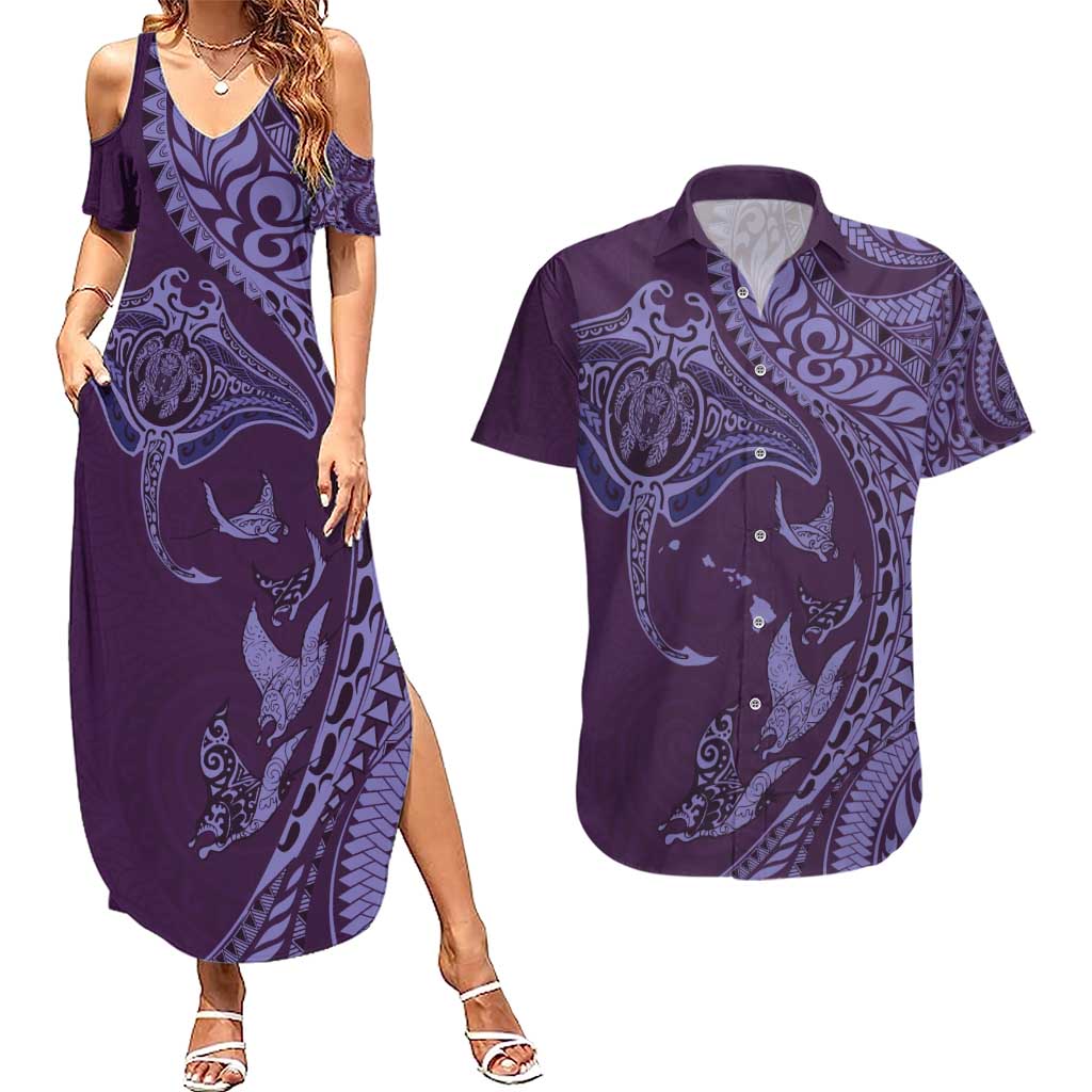 Hawaiian Manta Ray and Polynesian Tribal Tattoo Couples Matching Summer Maxi Dress and Hawaiian Shirt Purple Color LT03 Purple - Polynesian Pride