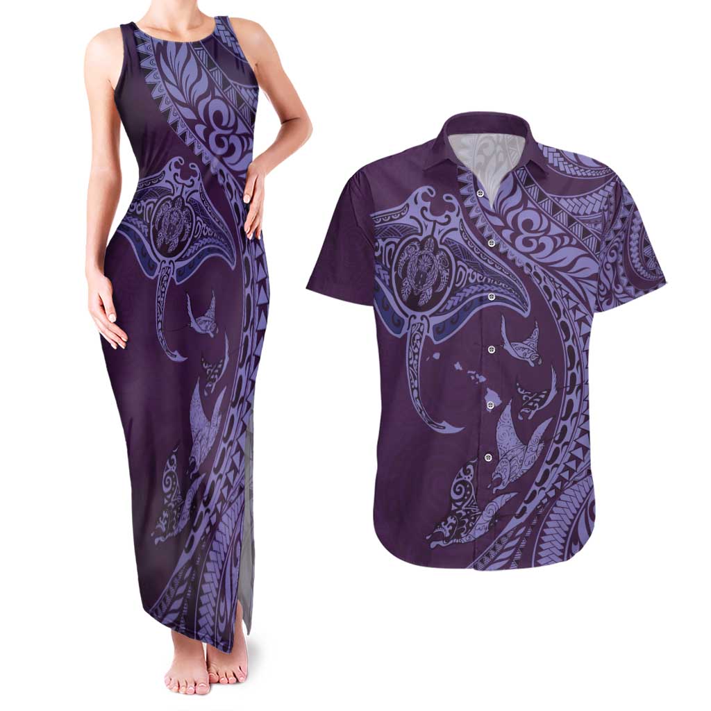 Hawaiian Manta Ray and Polynesian Tribal Tattoo Couples Matching Tank Maxi Dress and Hawaiian Shirt Purple Color LT03 Purple - Polynesian Pride