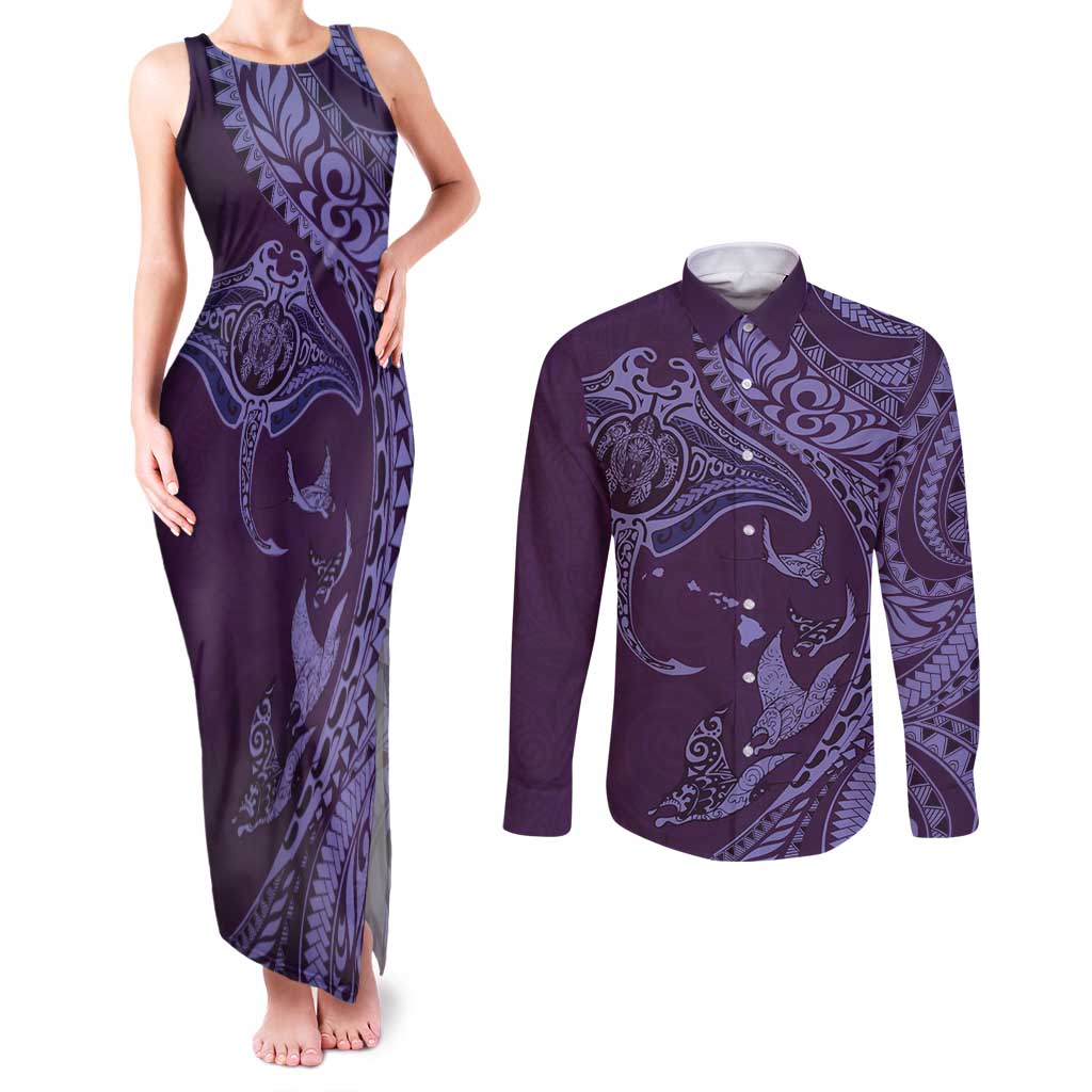 Hawaiian Manta Ray and Polynesian Tribal Tattoo Couples Matching Tank Maxi Dress and Long Sleeve Button Shirt Purple Color LT03 Purple - Polynesian Pride