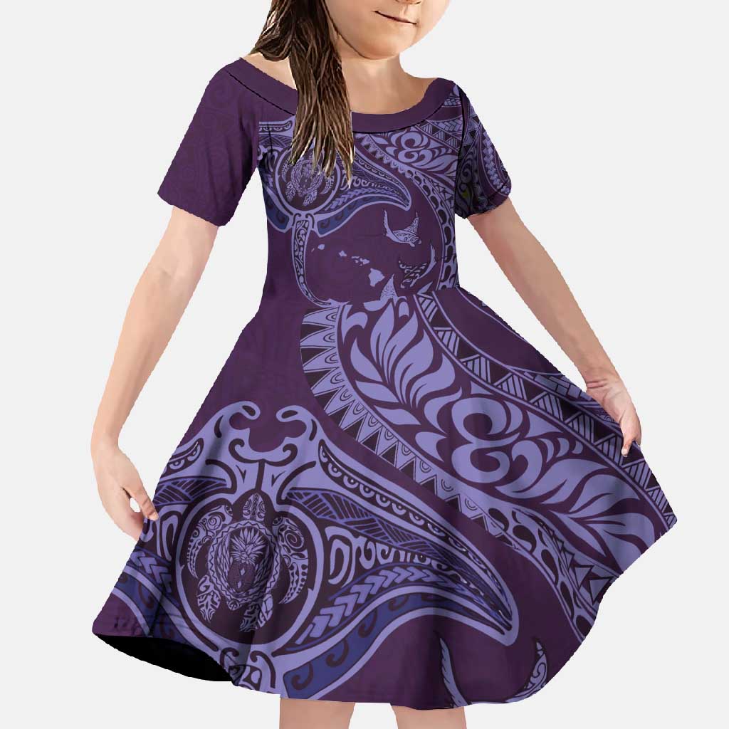 Hawaiian Manta Ray and Polynesian Tribal Tattoo Family Matching Mermaid Dress and Hawaiian Shirt Purple Color LT03 Daughter's Dress Purple - Polynesian Pride