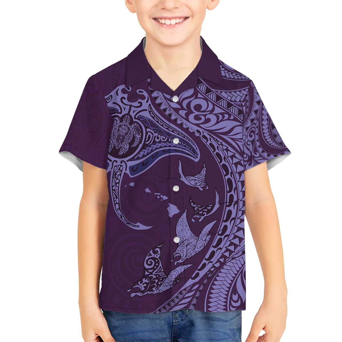 Hawaiian Manta Ray and Polynesian Tribal Tattoo Family Matching Off The Shoulder Long Sleeve Dress and Hawaiian Shirt Purple Color LT03 Son's Shirt Purple - Polynesian Pride