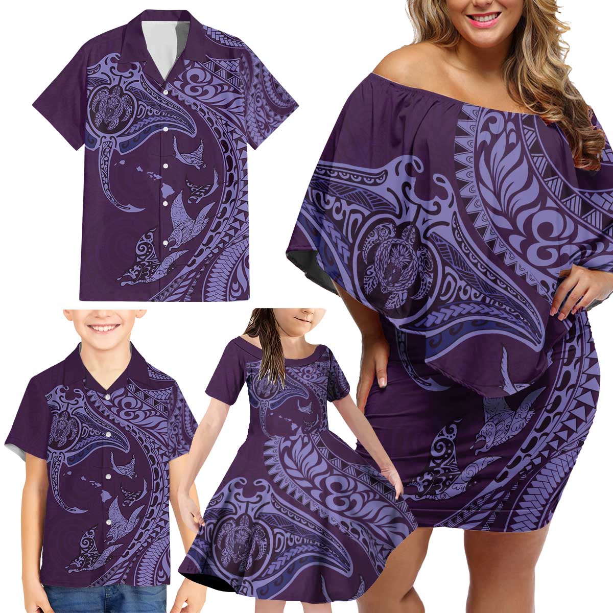 Hawaiian Manta Ray and Polynesian Tribal Tattoo Family Matching Off Shoulder Short Dress and Hawaiian Shirt Purple Color LT03 - Polynesian Pride