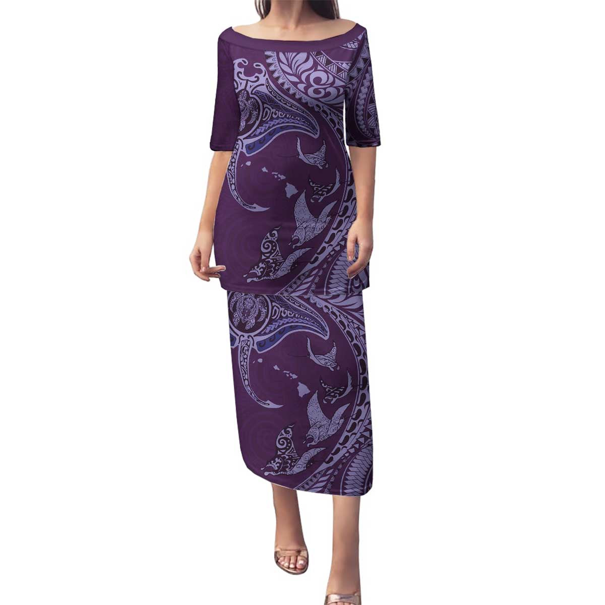 Hawaiian Manta Ray and Polynesian Tribal Tattoo Family Matching Puletasi and Hawaiian Shirt Purple Color LT03