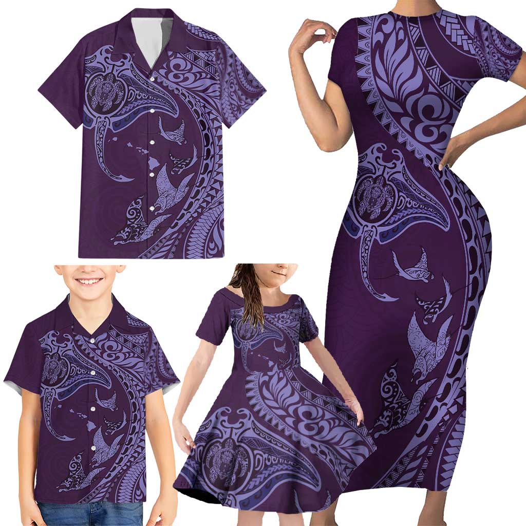 Hawaiian Manta Ray and Polynesian Tribal Tattoo Family Matching Short Sleeve Bodycon Dress and Hawaiian Shirt Purple Color LT03 - Polynesian Pride