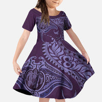 Hawaiian Manta Ray and Polynesian Tribal Tattoo Family Matching Summer Maxi Dress and Hawaiian Shirt Purple Color LT03 Daughter's Dress Purple - Polynesian Pride