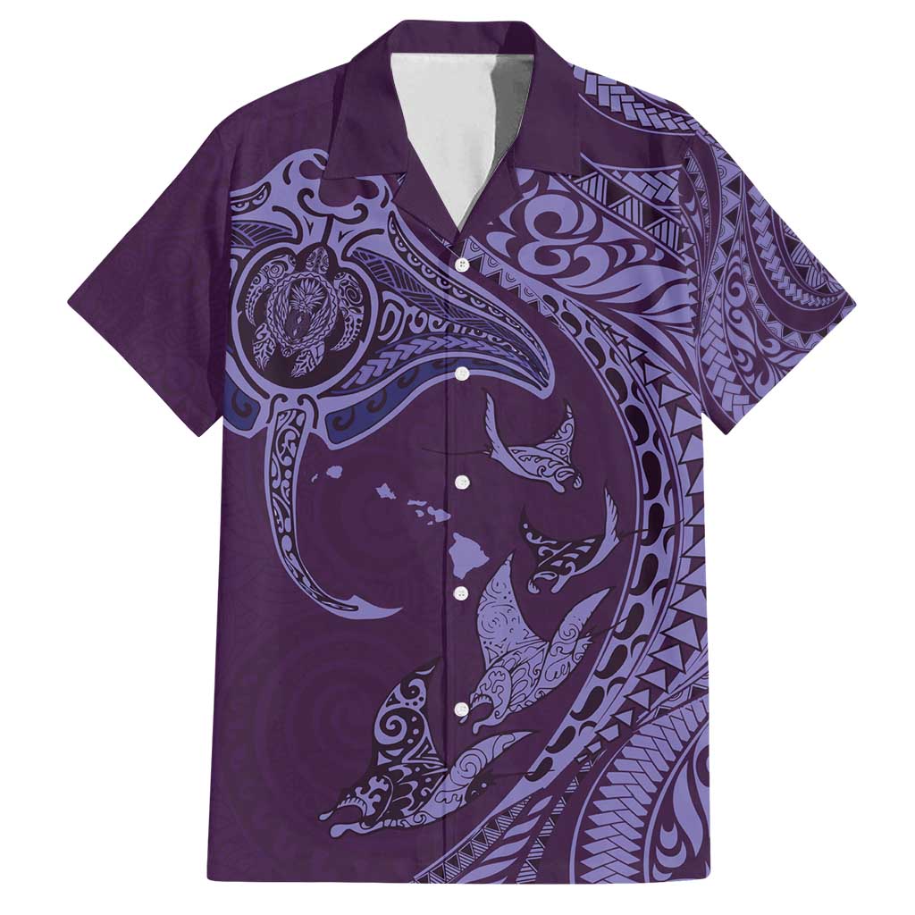 Hawaiian Manta Ray and Polynesian Tribal Tattoo Family Matching Summer Maxi Dress and Hawaiian Shirt Purple Color LT03 Dad's Shirt - Short Sleeve Purple - Polynesian Pride