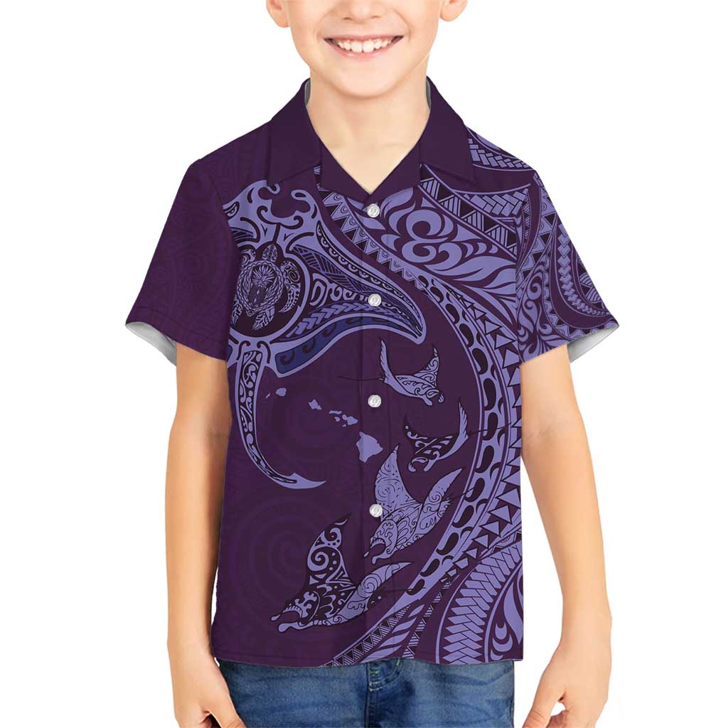 Hawaiian Manta Ray and Polynesian Tribal Tattoo Family Matching Summer Maxi Dress and Hawaiian Shirt Purple Color LT03 Son's Shirt Purple - Polynesian Pride