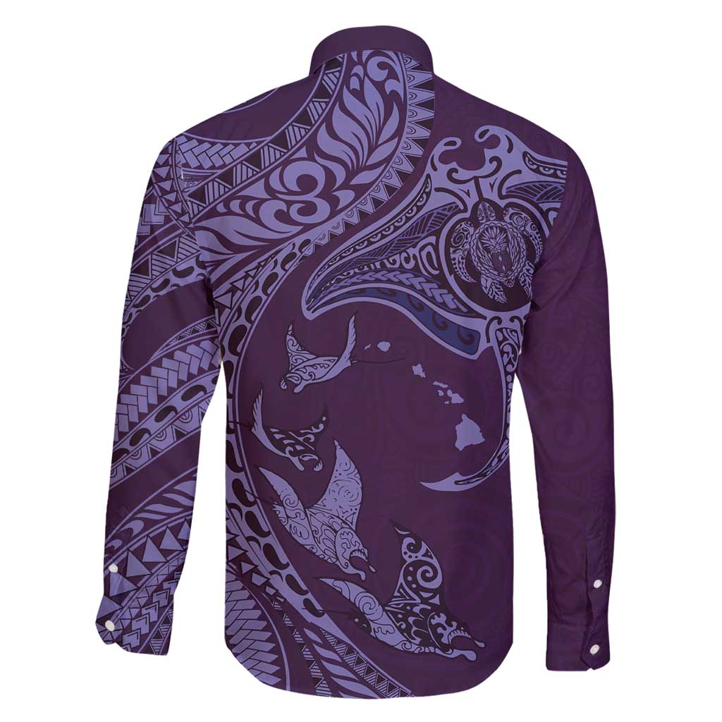 Hawaiian Manta Ray and Polynesian Tribal Tattoo Family Matching Tank Maxi Dress and Hawaiian Shirt Purple Color LT03