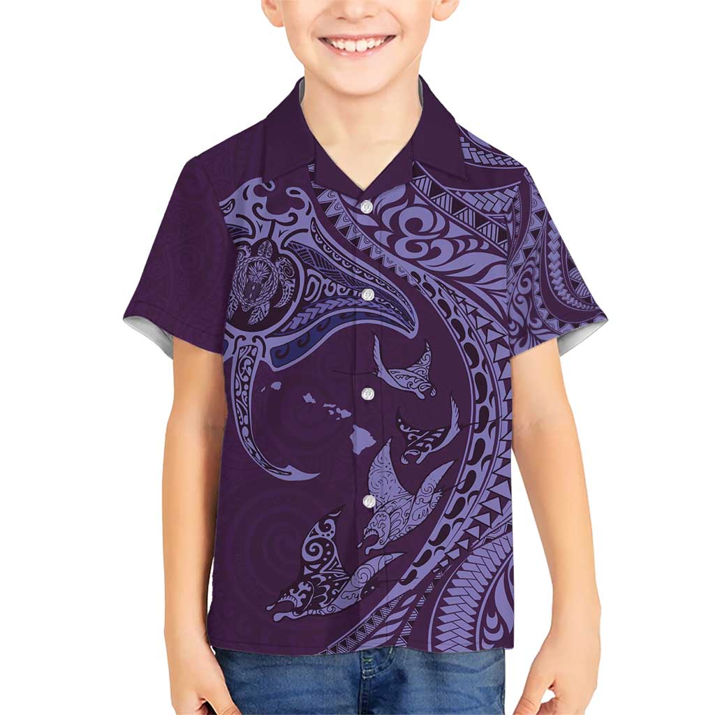 Hawaiian Manta Ray and Polynesian Tribal Tattoo Hawaiian Shirt Purple Color LT03