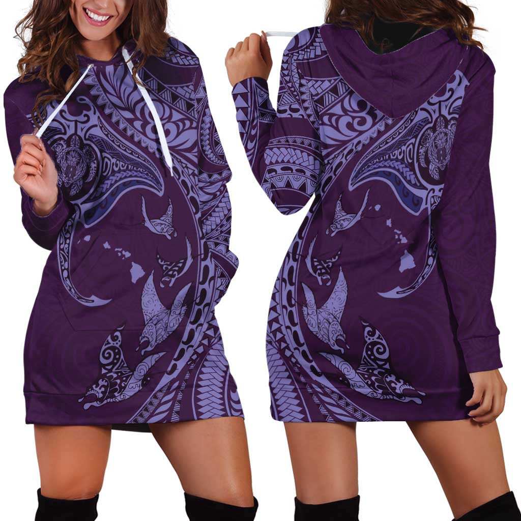 Hawaiian Manta Ray and Polynesian Tribal Tattoo Hoodie Dress Purple Color LT03