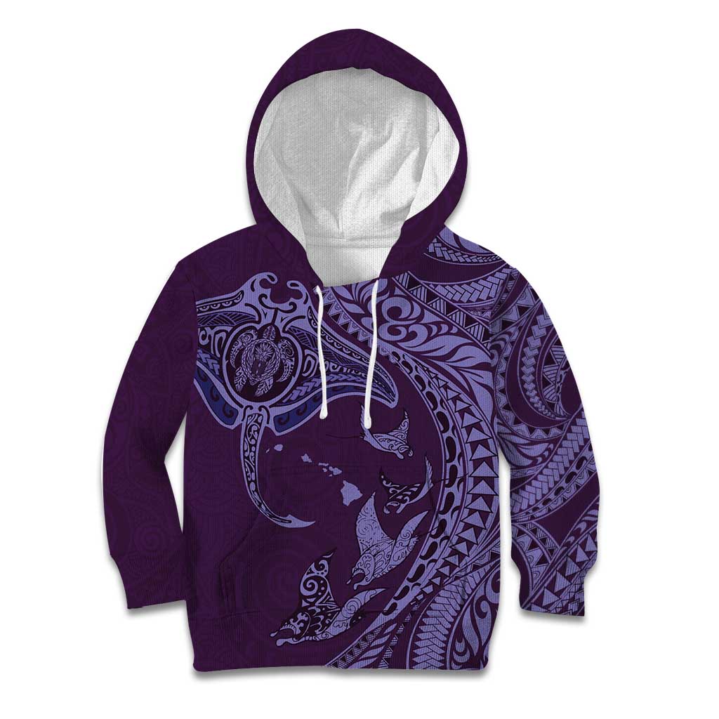 Hawaiian Manta Ray and Polynesian Tribal Tattoo Kid Hoodie Purple Color LT03