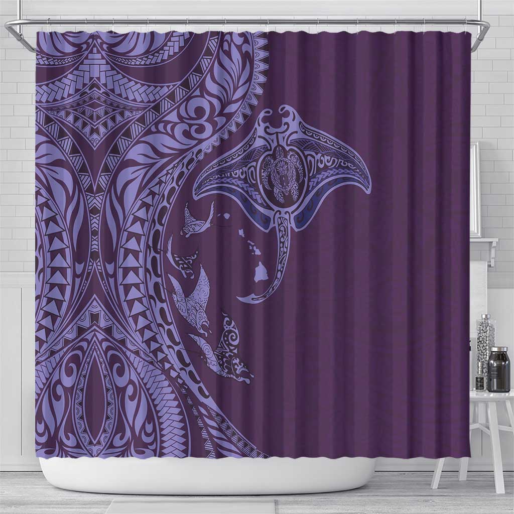 Hawaiian Manta Ray and Polynesian Tribal Tattoo Shower Curtain Purple Color LT03