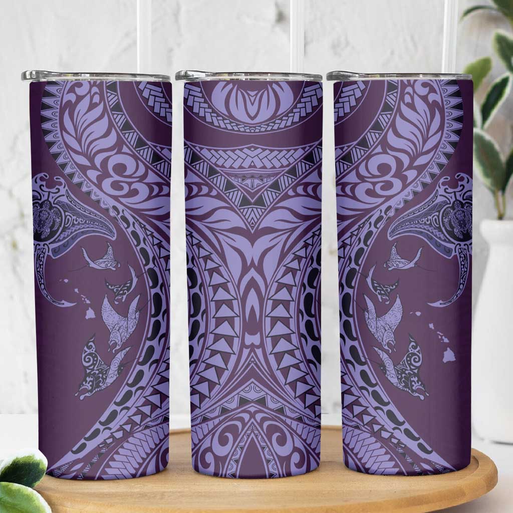 Hawaiian Manta Ray and Polynesian Tribal Tattoo Skinny Tumbler Purple Color