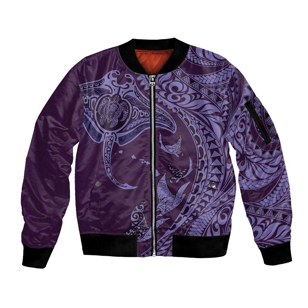 Hawaiian Manta Ray and Polynesian Tribal Tattoo Sleeve Zip Bomber Jacket Purple Color LT03 Unisex Purple - Polynesian Pride