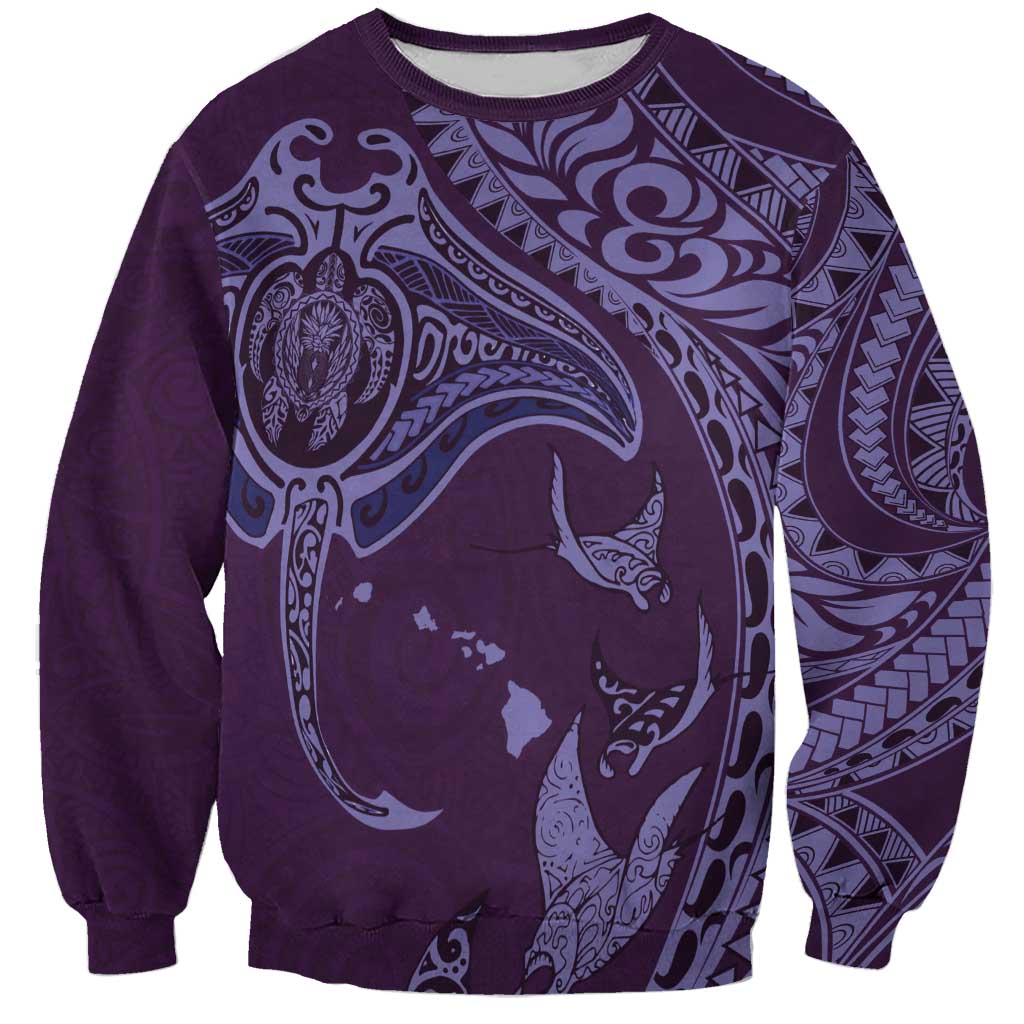 Hawaiian Manta Ray and Polynesian Tribal Tattoo Sweatshirt Purple Color LT03