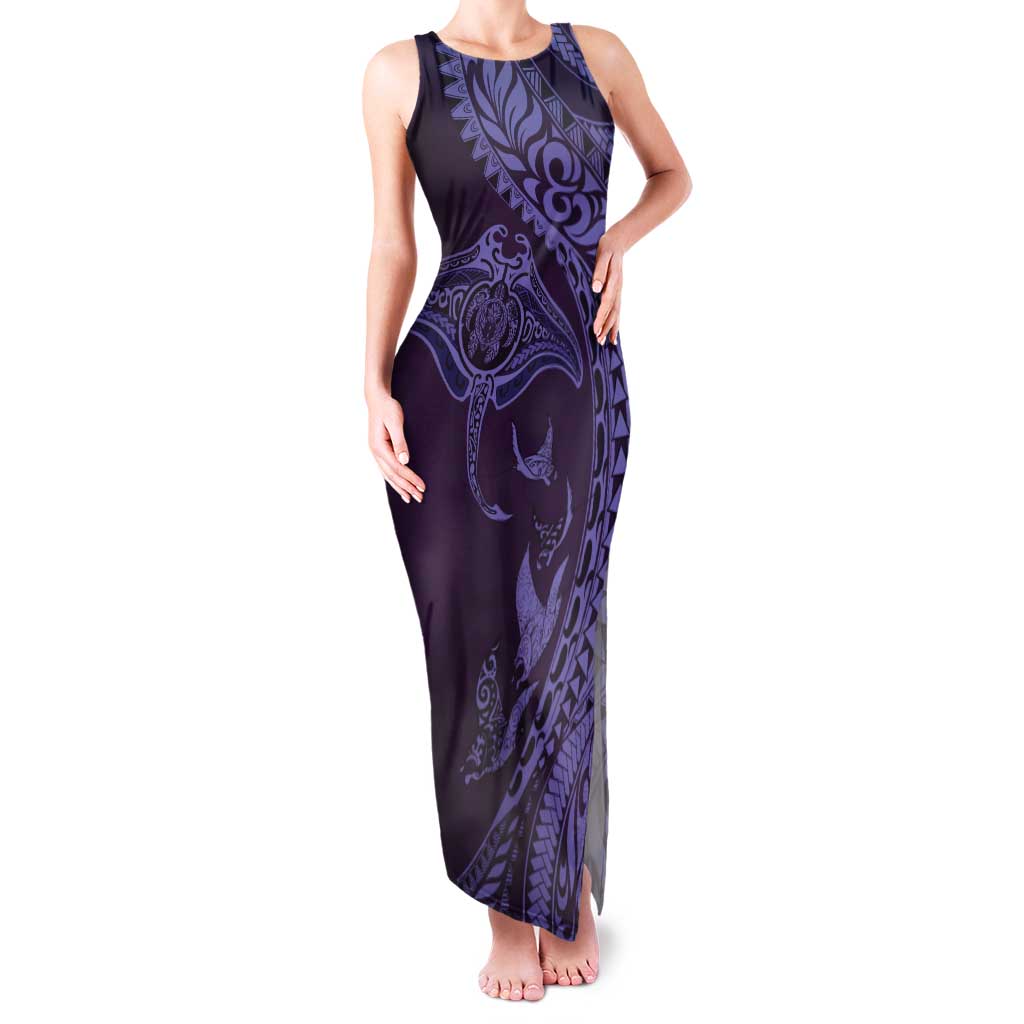 Hawaiian Manta Ray and Polynesian Tribal Tattoo Tank Maxi Dress Purple Color LT03