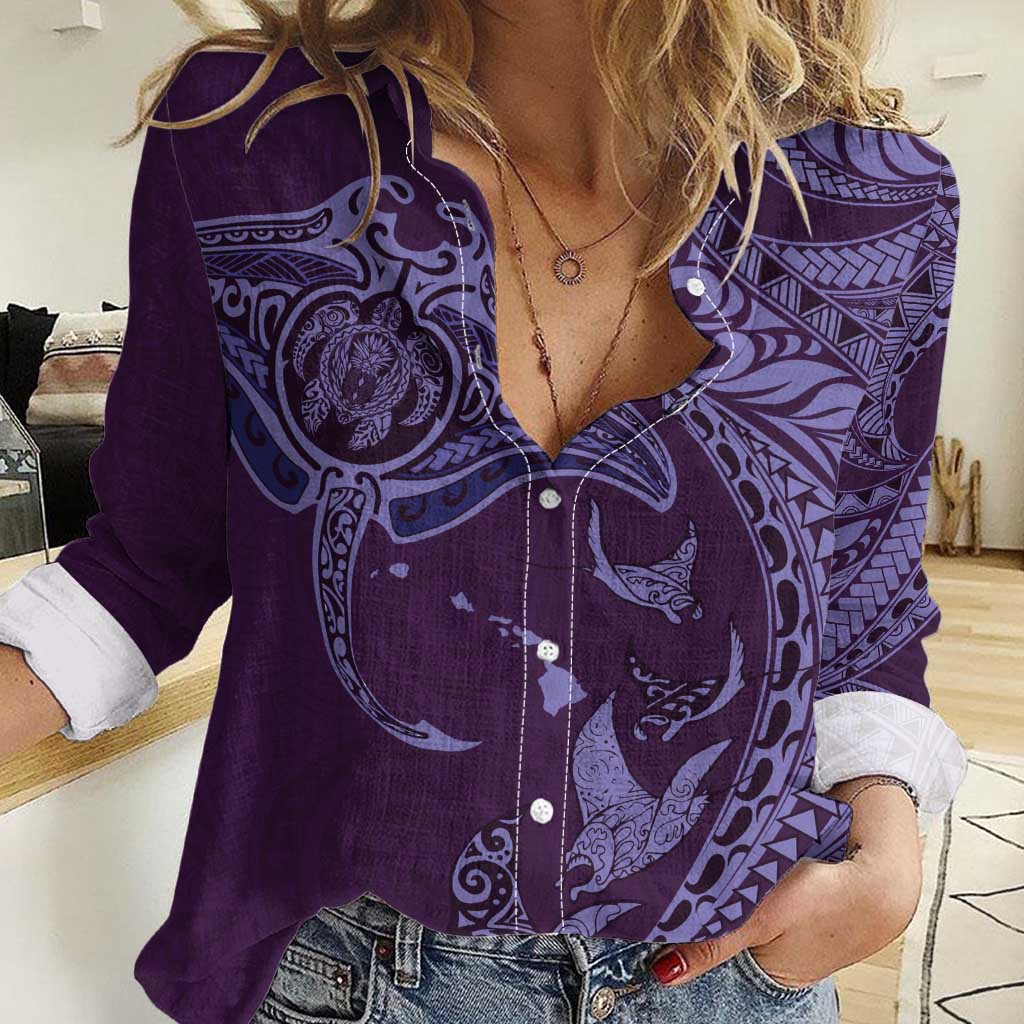 Hawaiian Manta Ray and Polynesian Tribal Tattoo Women Casual Shirt Purple Color LT03