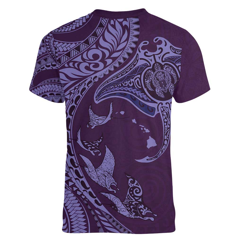 Hawaiian Manta Ray and Polynesian Tribal Tattoo Women V-Neck T-Shirt Purple Color LT03