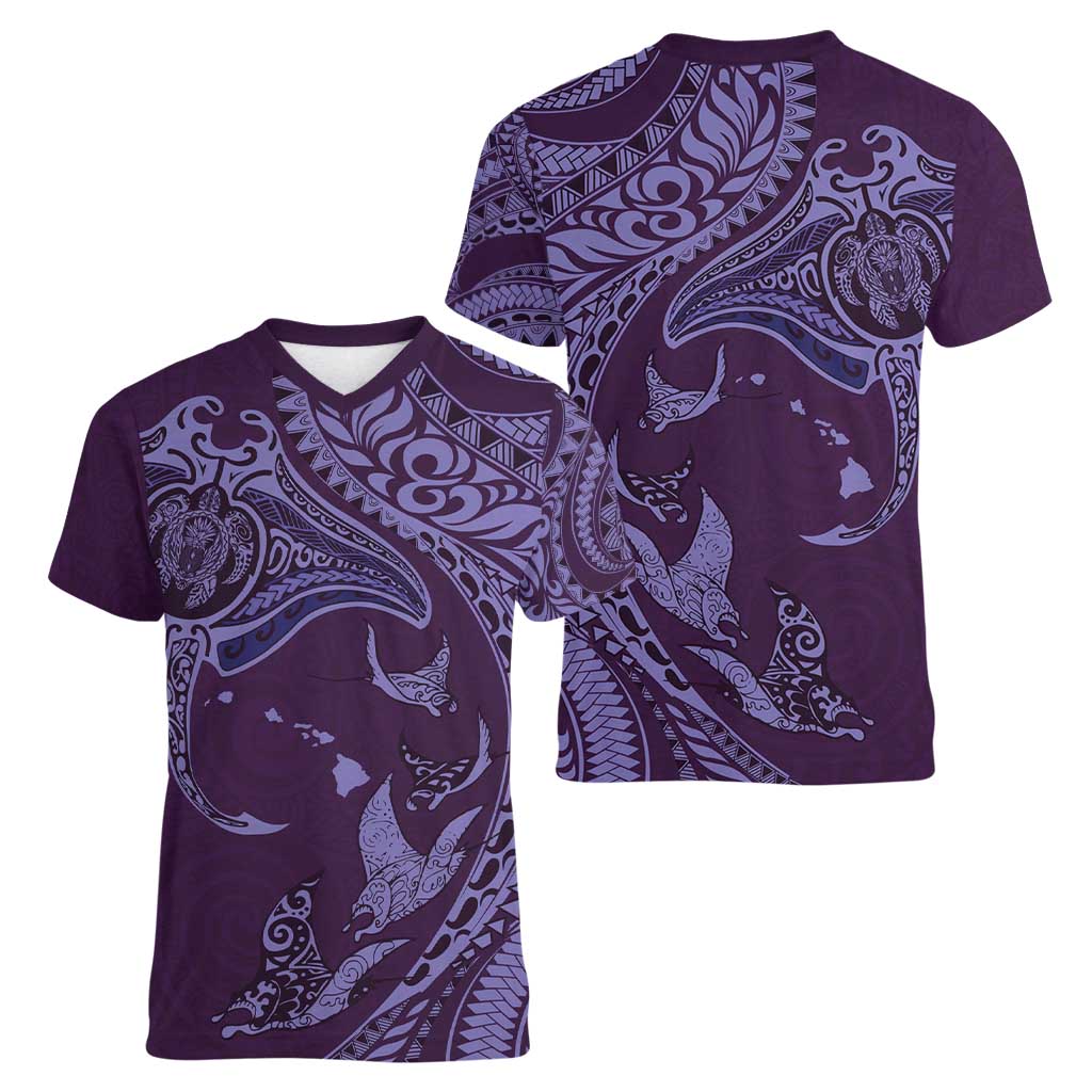 Hawaiian Manta Ray and Polynesian Tribal Tattoo Women V-Neck T-Shirt Purple Color LT03