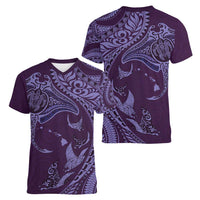 Hawaiian Manta Ray and Polynesian Tribal Tattoo Women V-Neck T-Shirt Purple Color LT03