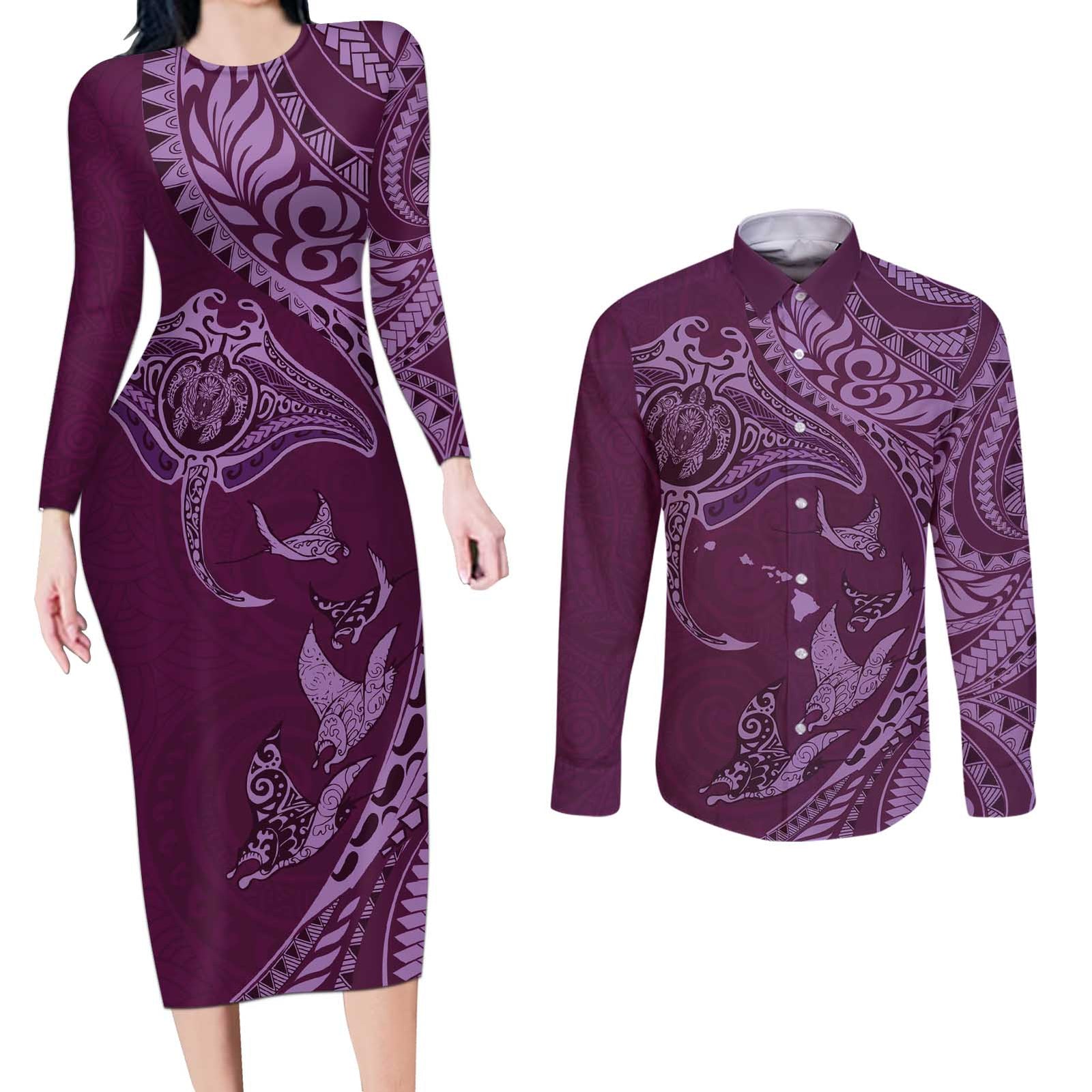 Hawaiian Manta Ray and Polynesian Tribal Tattoo Couples Matching Long Sleeve Bodycon Dress and Long Sleeve Button Shirt Pink Color LT03 Pink - Polynesian Pride