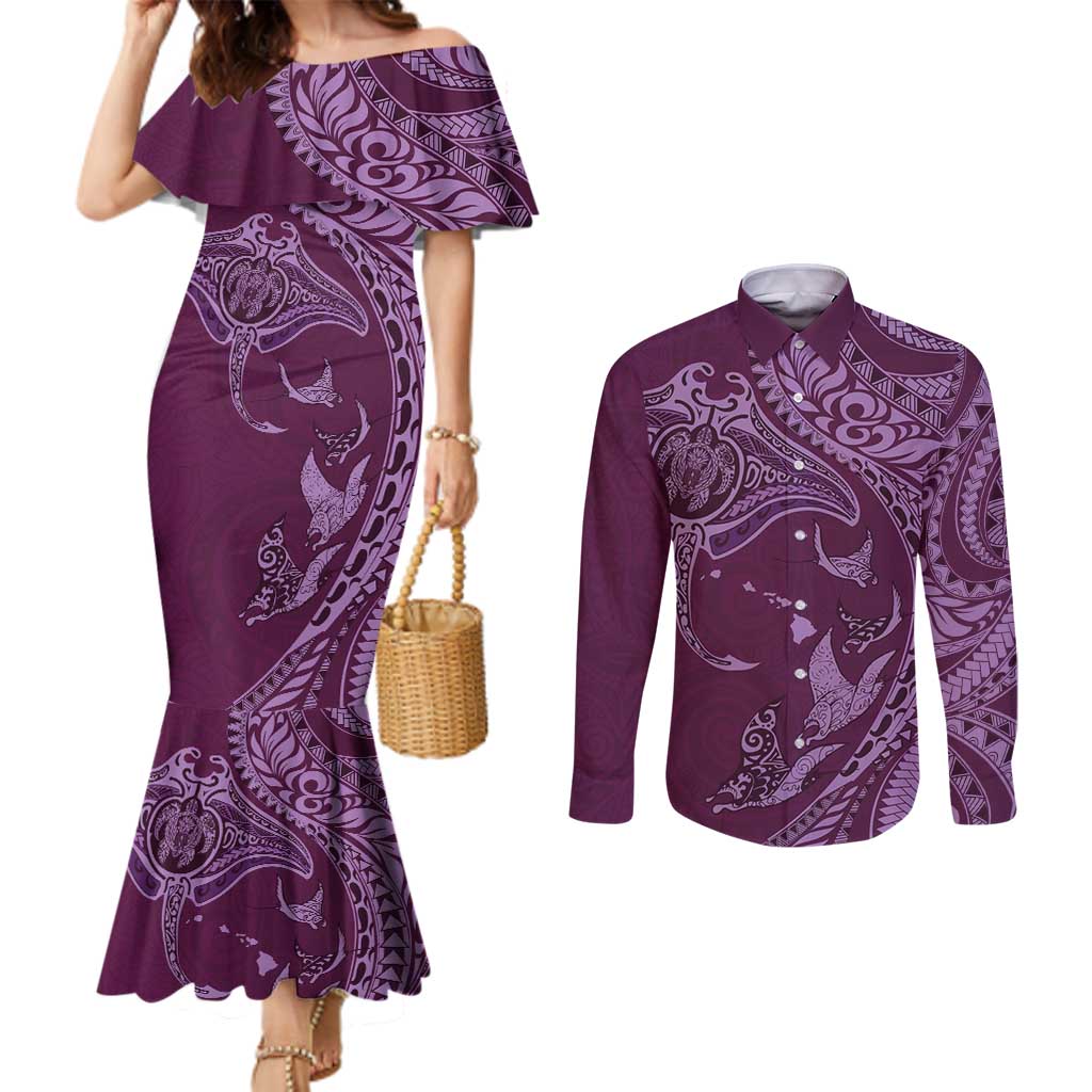 Hawaiian Manta Ray and Polynesian Tribal Tattoo Couples Matching Mermaid Dress and Long Sleeve Button Shirt Pink Color LT03 Pink - Polynesian Pride
